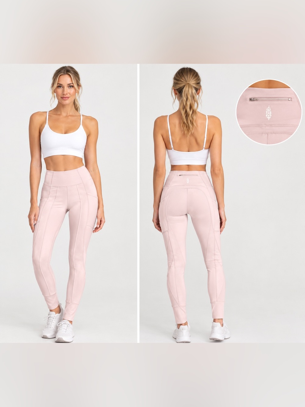 FP Movement Free People Pale Pink High Rise Leggings Zip Back Pocket Size S